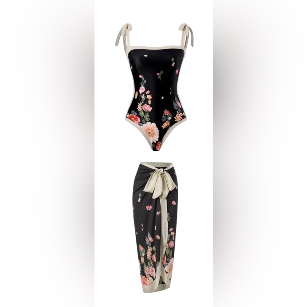 NWT Black Floral Print Swimsuit Set With Adjustable Ties & Reversible XL